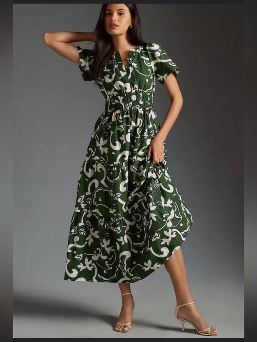 Anthropologie Somerset Maxi Dress Green Scroll Print Short Sleeve pockets cotton